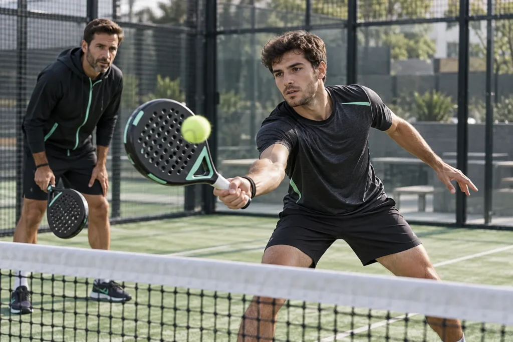 Jugador practica una volea de pádel cerca de la red con un entrenador