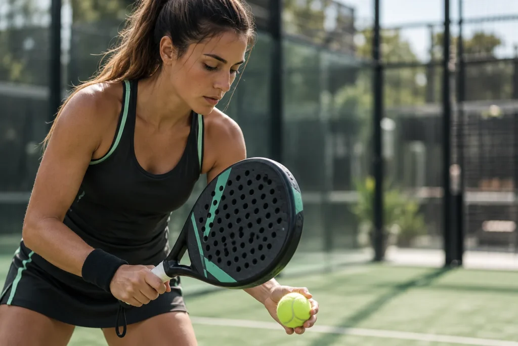 Jugadora de pádel concentrada con pala y pelota antes de sacar