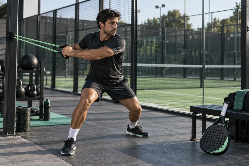 Jugador entrena fuerza con bandas elásticas junto a una pista de pádel