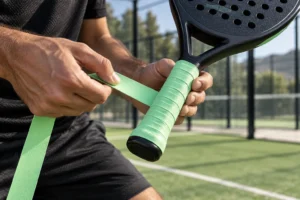 Manos colocando un overgrip verde menta en el mango de una pala de pádel