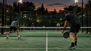 Cuatro jugadores amateurs disputan un tie-break en una pista de pádel al anochecer