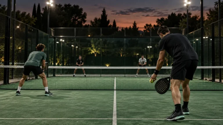 Cuatro jugadores amateurs disputan un tie-break en una pista de pádel al anochecer