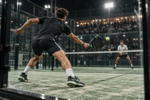 Jugadores de pádel compiten en una pista profesional bajo focos