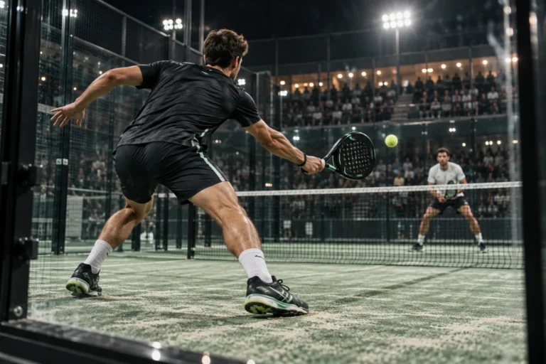 Jugadores de pádel compiten en una pista profesional bajo focos