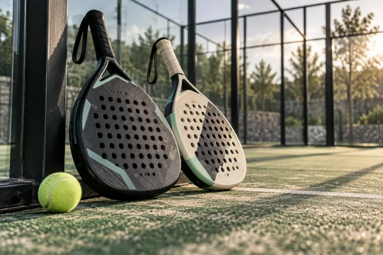 Dos palas de pádel de formas diferentes apoyadas junto a una pelota