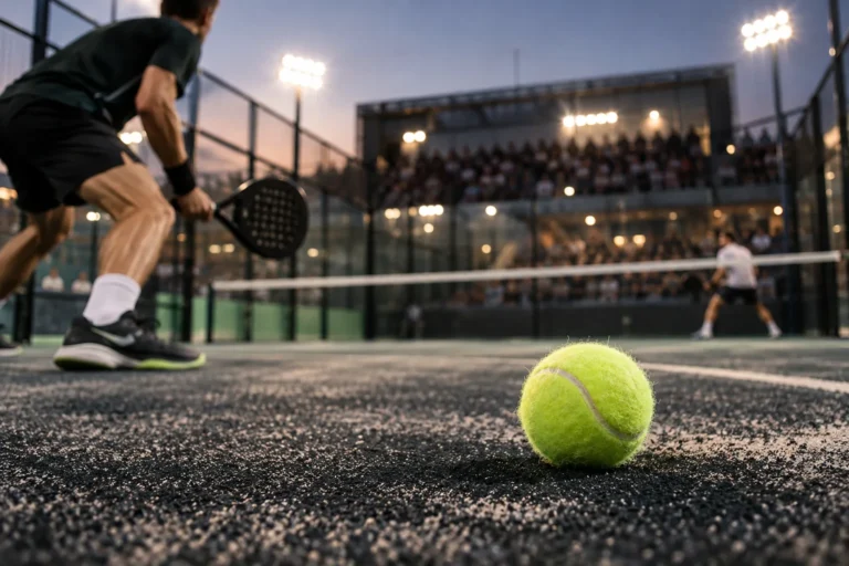 Pelota de pádel en una pista profesional iluminada con público al fondo