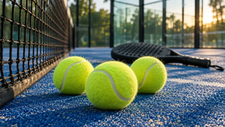 Tres pelotas amarillas de pádel junto a la red de una pista azul