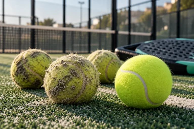 Pelotas de pádel desgastadas junto a una pelota nueva sobre la pista