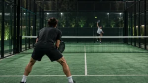 Jugador preparado para restar un saque en una pista de pádel