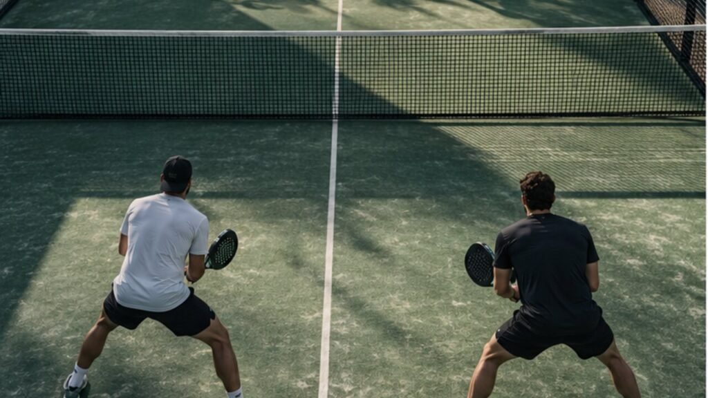 Cuatro jugadores colocados en los lados derecho y revés de una pista de pádel