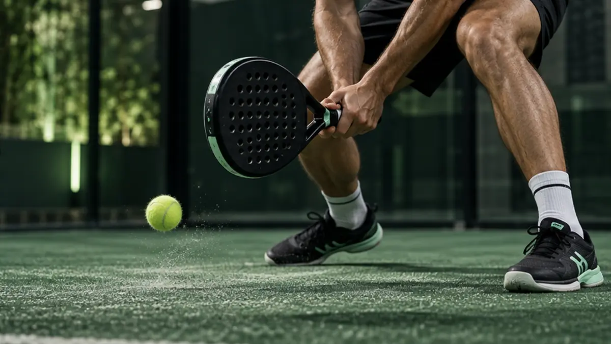 Jugador preparando un resto compacto tras el bote del saque en una pista de pádel