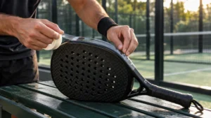 Pala de pádel con protector negro colocado en el marco