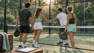 Cuatro jugadores de pádel reunidos junto a la red durante una rotación de parejas