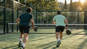 Dos compañeros de pádel avanzan juntos hacia la red en una pista exterior