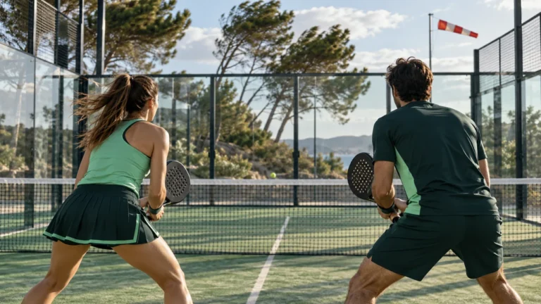 Pareja de pádel preparada para devolver la pelota en una pista exterior con viento